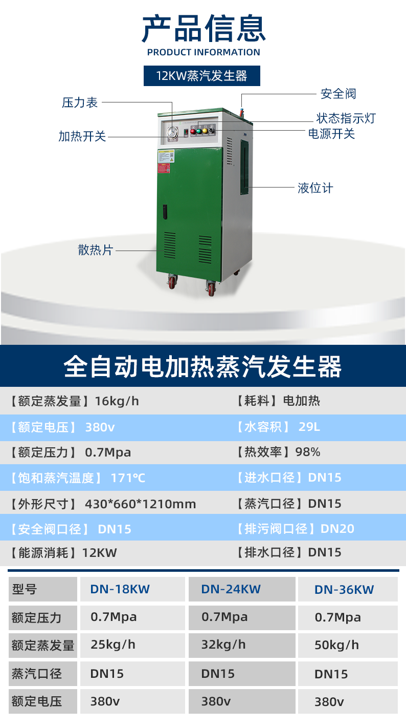 鑫達(dá)能12kw<a href='http://jbmp3battery.com/dianre' target='_blank'><u>電加熱蒸汽發(fā)生器</u></a>參數(shù)